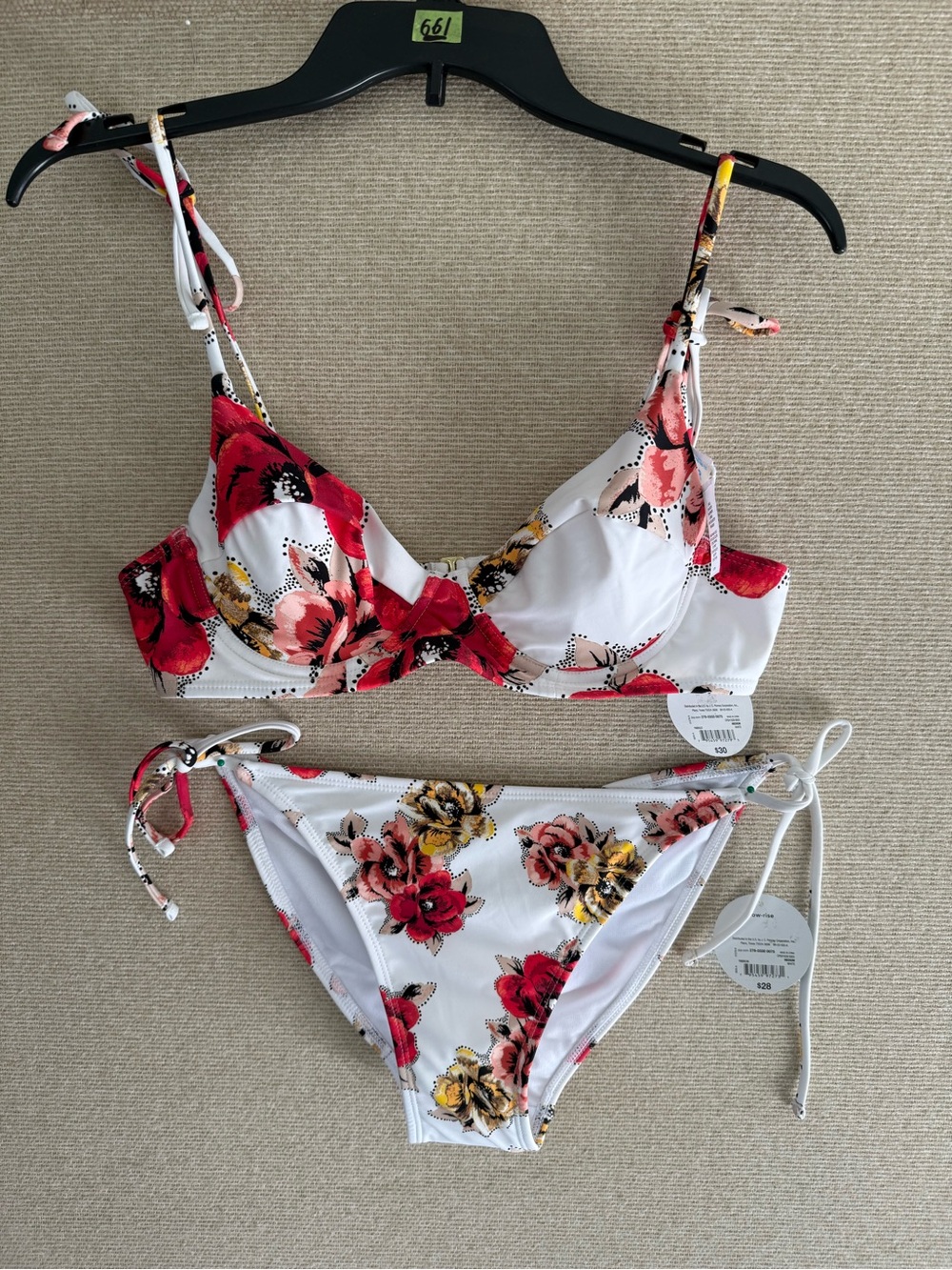 Decree White Floral Underwire Tie-Side Bikini with Red & Yellow Flowers